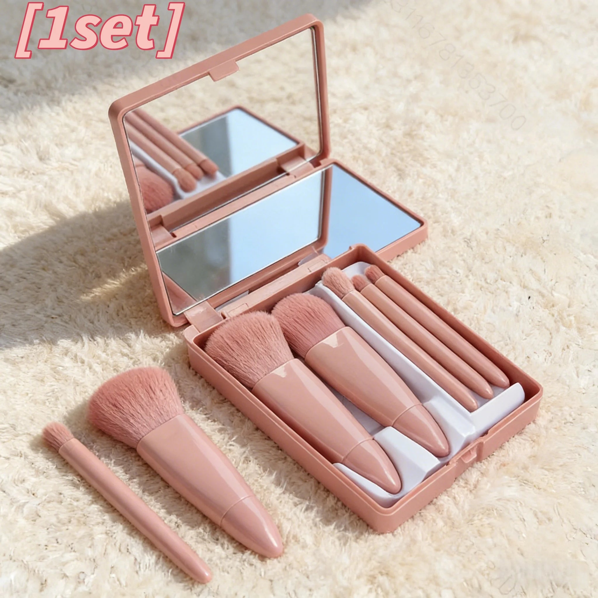 1 Set Chic Pink Makeup Brush Set - Mirror Compact, 5pcs Soft Bristles Versatile for Blush Eye Foundation