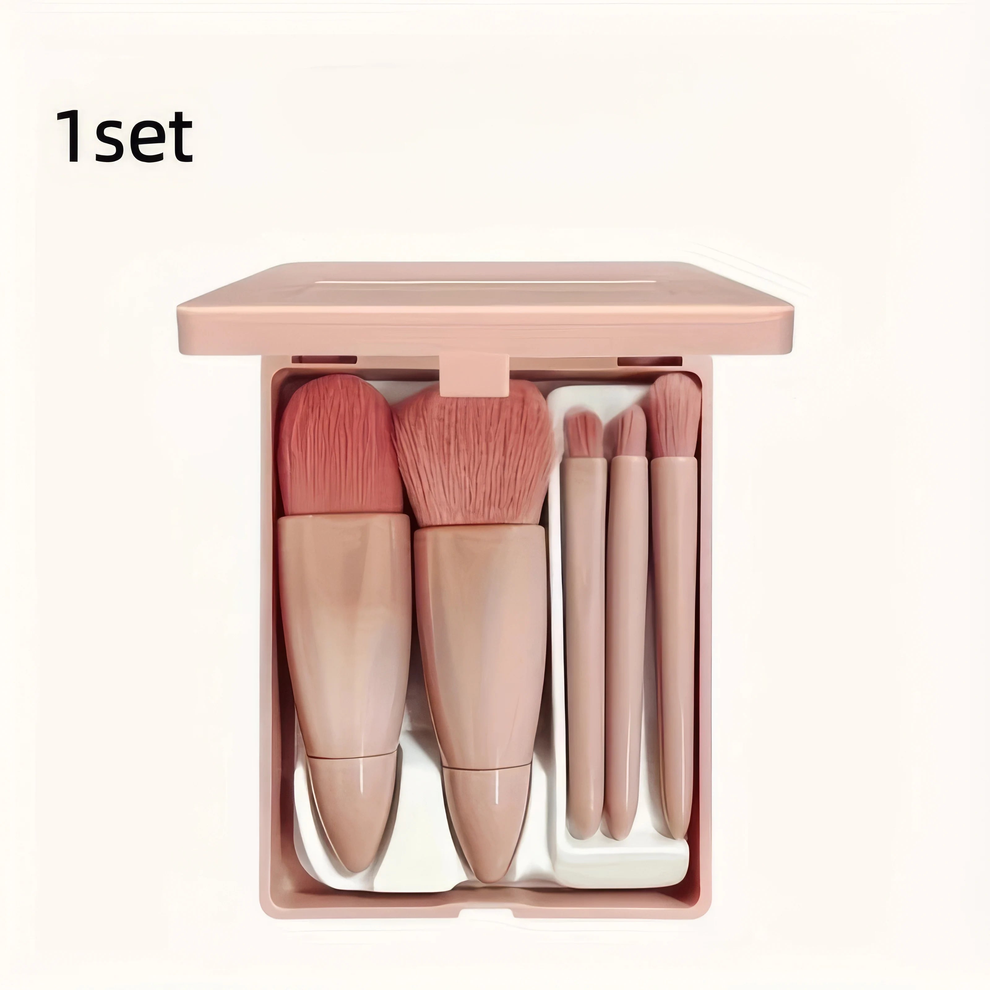 1 Set Chic Pink Makeup Brush Set - Mirror Compact, 5pcs Soft Bristles Versatile for Blush Eye Foundation
