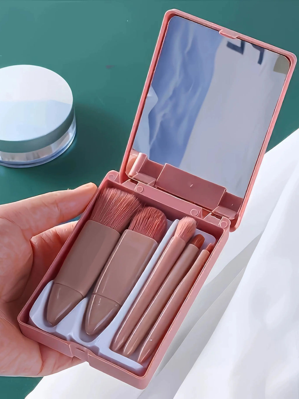 1 Set Chic Pink Makeup Brush Set - Mirror Compact, 5pcs Soft Bristles Versatile for Blush Eye Foundation